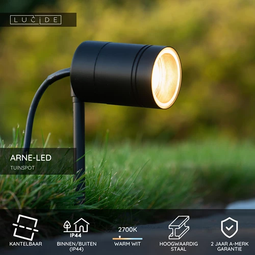 Lucide ARNE-LED - Tuinspot - Ø 6,3 cm - LED - GU10 - 1x5W 2700K - IP44 - Zwart - USP